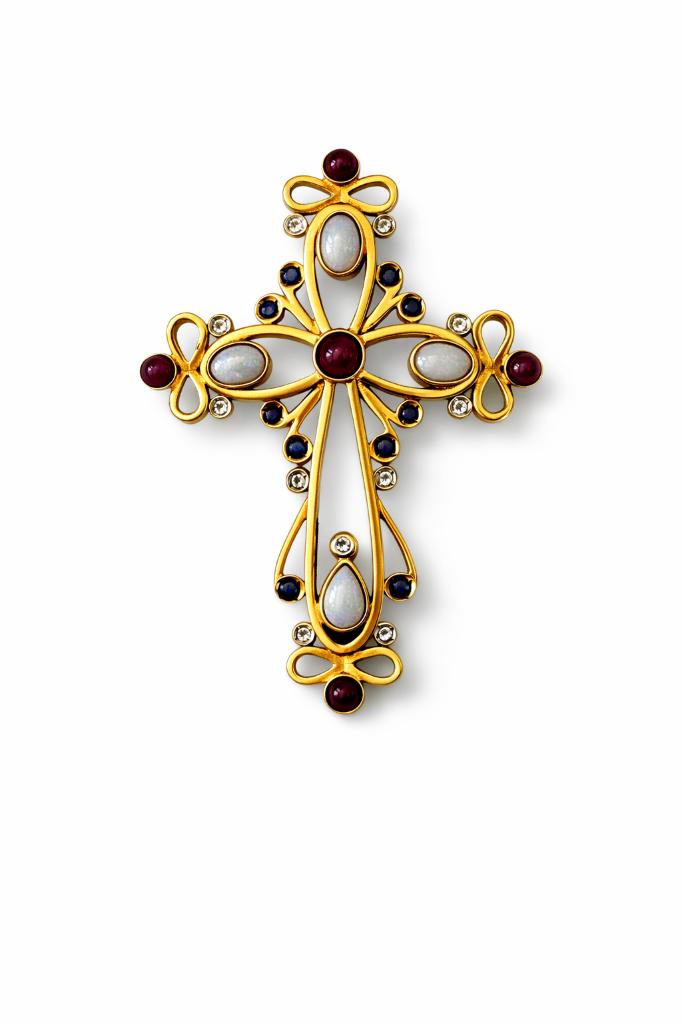 Caren Pfleger kruis hanger 14K goud: opaal, diamanten,safier, Gebruikt, Ophalen of Verzenden, Goud, Goud