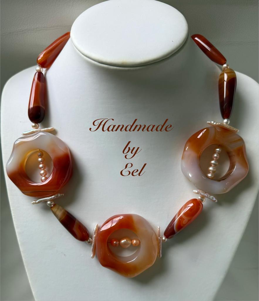 Collier van carneool, agaat, zoetwaterparels, Sieraden, Tassen en Uiterlijk, Kettingen, Verzenden, Nieuw, Steen of Mineraal, Verstelbaar
