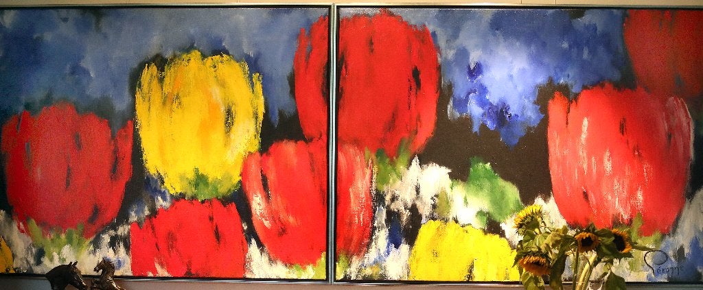 Prachtig modern schilderij Péronne van der Ham, Ophalen, Ingelijst, Olieverf, Bloemen