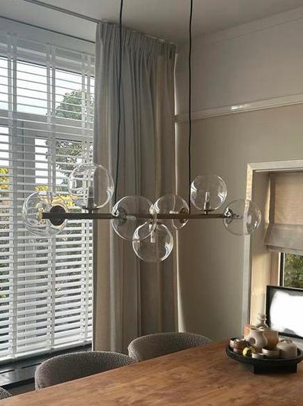 Moderne Hanglamp Goud met 6 Amber Glazen Bollen, Ophalen of Verzenden, Nieuw