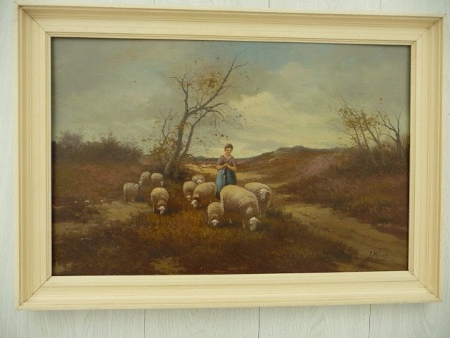 schilderij - SCHAPEN OP DE HEI - gesign. J.Wouters, Ophalen, Olieverf, Landschap, Paneel