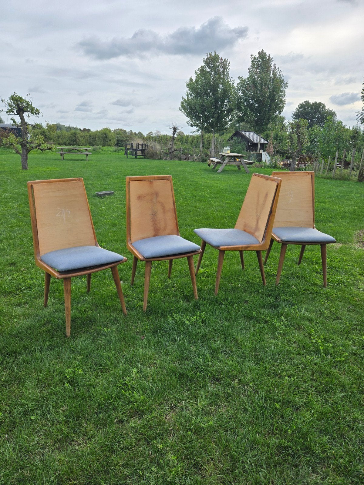 set vintage boomerang stoelen - opknappers jaren 70, Ophalen, Gebruikt, Bruin, Vier