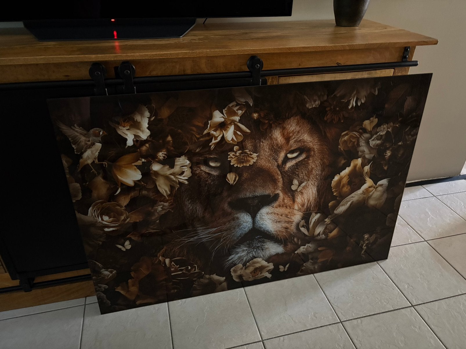 Glasschilderij leeuw 120 x 80 cm zwart goud schilderij, Ophalen, Zo goed als nieuw, Schilderij, 100 tot 125 cm