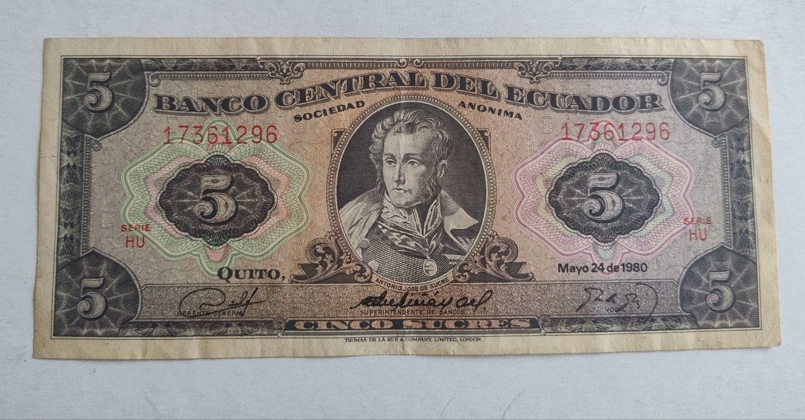 Ecuador 5 Sucres bankbiljet - Banco Central del Ecuador, Ophalen of Verzenden, Zuid-Amerika, Los biljet