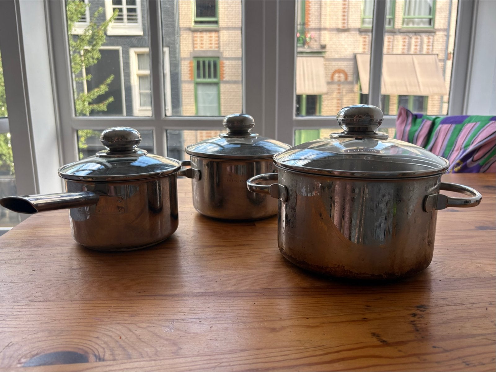 Cuisinox pannenset (3x), Huis en Inrichting, Keuken | Potten en Pannen, Ophalen, Gebruikt, Met deksel, Pannenset