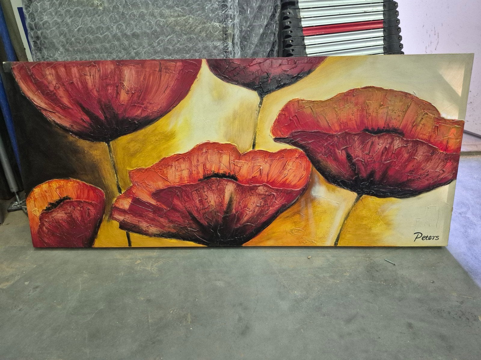 Schilderij met rode klaprozen, gesigneerd Peters, Ophalen, Olieverf, Op houten frame, Bloemen