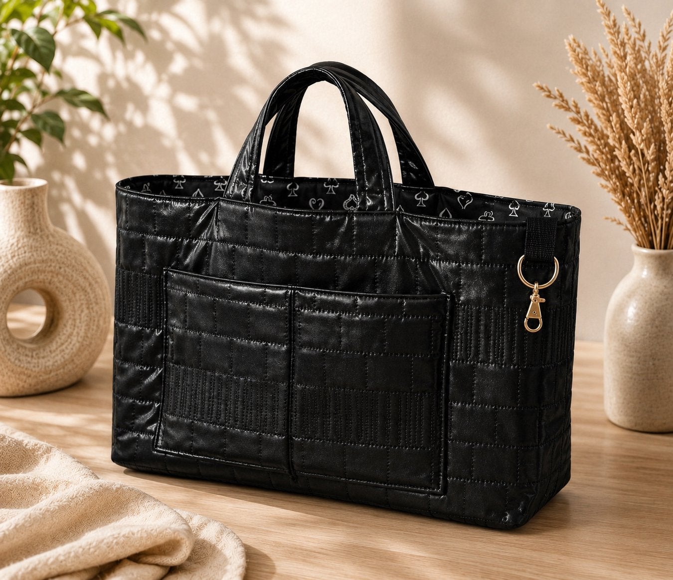 Handgemaakte Dubbelzijdige Tas - Zwart met Speelkaartsymbole, Sieraden, Tassen en Uiterlijk, Ophalen of Verzenden, Nieuw, Zwart