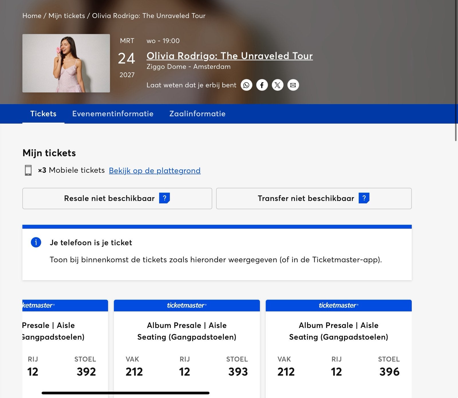 Olivia Rodrigo Ziggo Dome concert op 24 maart 2027 zitplek, Eén persoon, Maart