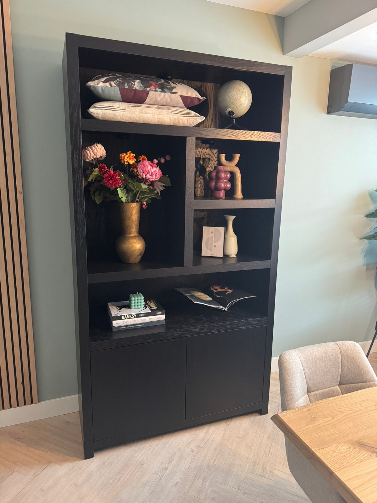 Boekenkast Diamond 5 Vaks 120cm Links nieuwstaat zwart hout, Ophalen, Modern design, Met deur(en), 100 tot 150 cm