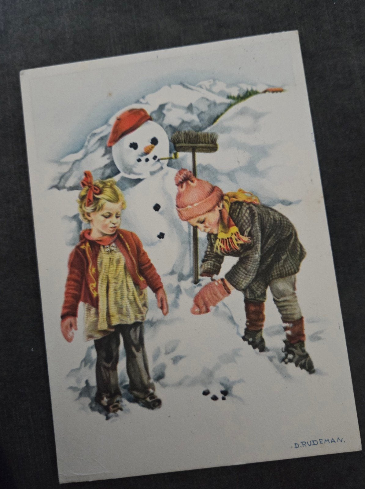 Vintage Kerstkaart: Kinderen en Sneeuwpop (1958), Verzenden, 1940 tot 1960, Gelopen, Feest(dag)