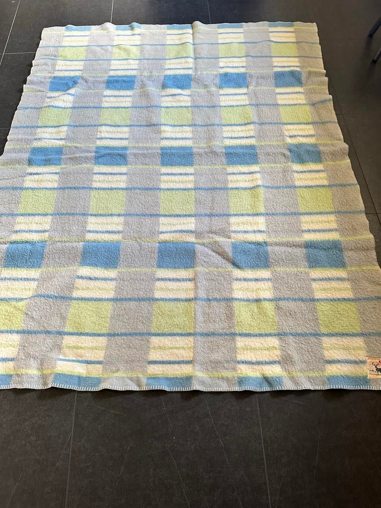 Vintage Aabe wollen deken - Geruit - Blauw/Groen/Grijs, Ophalen of Verzenden, Gebruikt