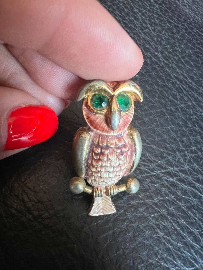 Vintage Uil Broche  Sphinx met Groene Ogen, Met kristal, Overige materialen, 4 tot 7 cm, Gebruikt