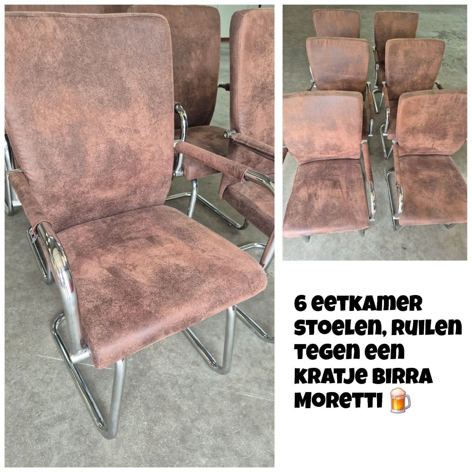 6 Eetkamerstoelen - Ruilen tegen kratje Birra Moretti, Huis en Inrichting, Ophalen, Modern, Comfortabel, Gebruikt, Bruin