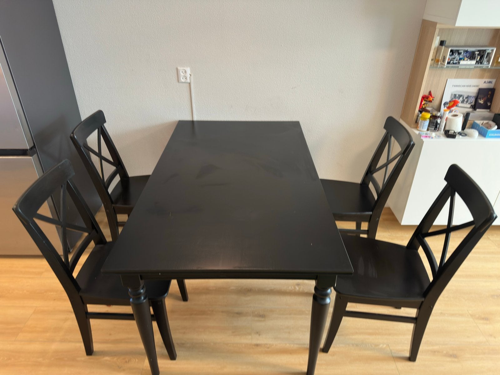 IKEA INGATORP eettafel met 4 stoelen - Zwart uitschuifbaar, Ophalen, Gebruikt, 100 tot 150 cm, 50 tot 100 cm
