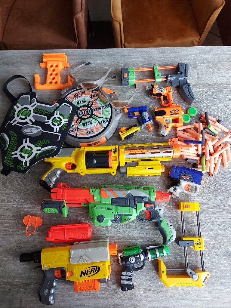 NERF complete set met geweren, schietschijf, body armour, Ophalen, Gebruikt