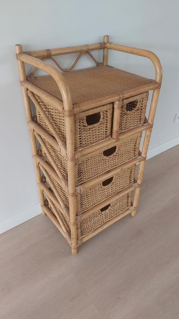 Vintage rotan rieten bamboe ladekastje, Ophalen, Gebruikt, 50 tot 100 cm, 3 of 4 laden