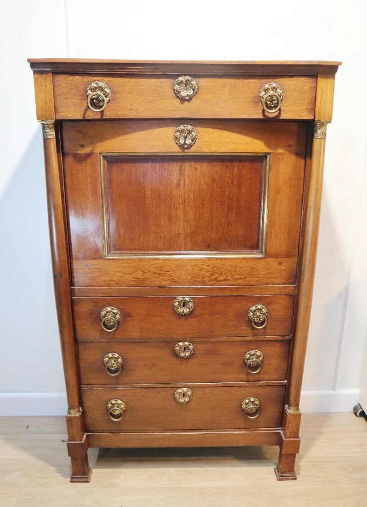 Antieke secretaire, klepbureau met lederen schrijfblad, Ophalen of Verzenden