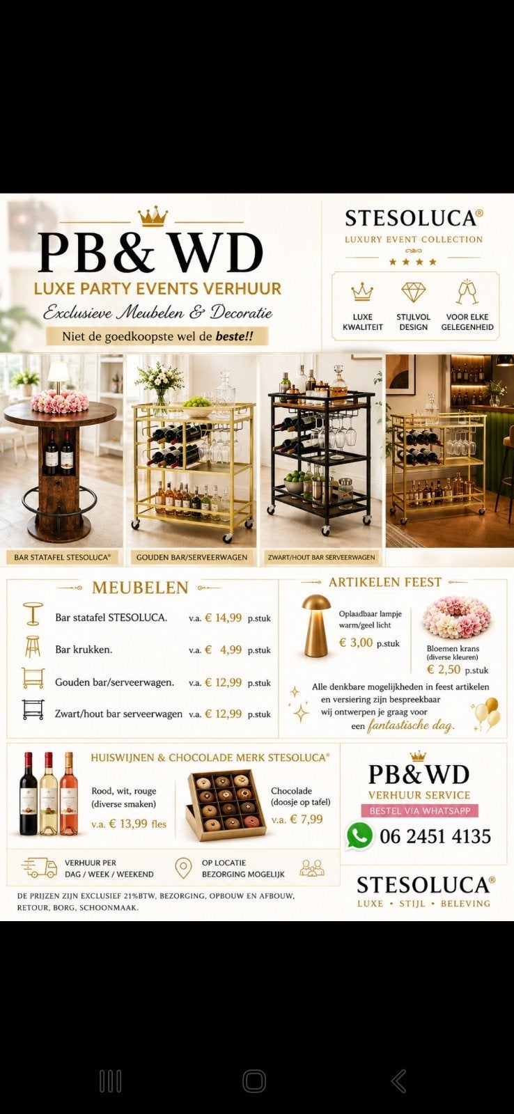 PB&WD luxe party meubelen verhuur, Ophalen of Verzenden, Nieuw, Overige