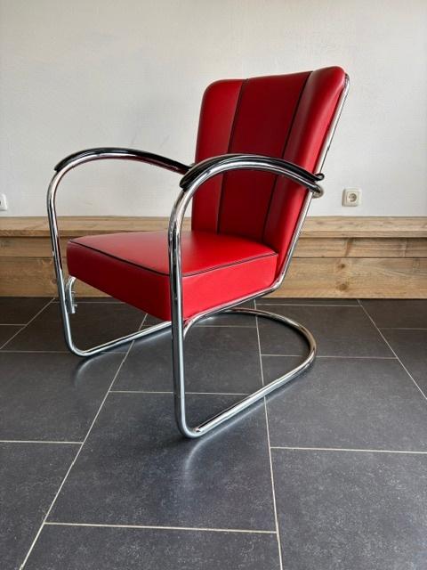 Gispen 412 fauteuil, chroom, rood leder, Design, 75 tot 100 cm, Zo goed als nieuw, Leer