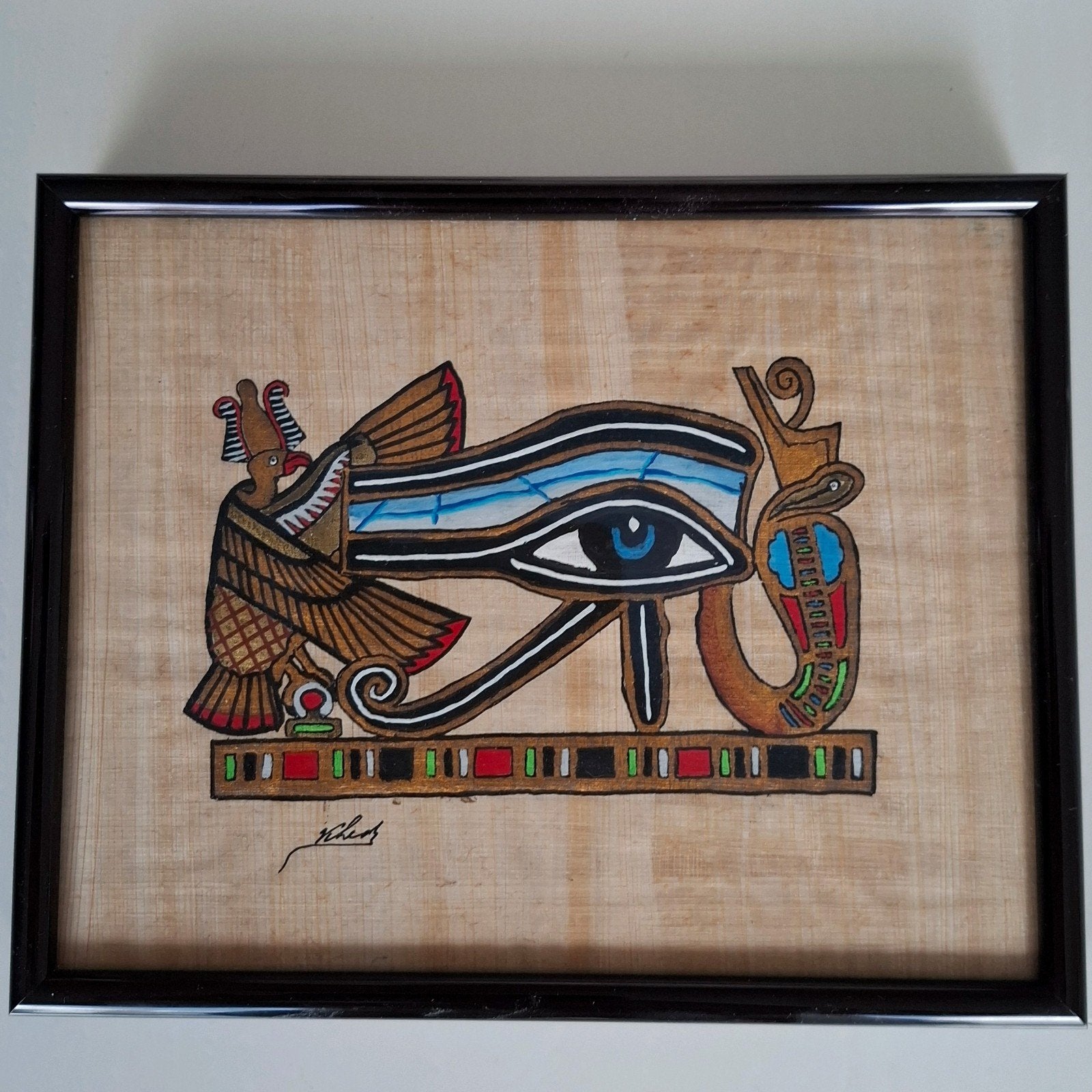 Egyptische, papyrus, schilderij, Horus oog,  16 x 20 cm., Ophalen of Verzenden