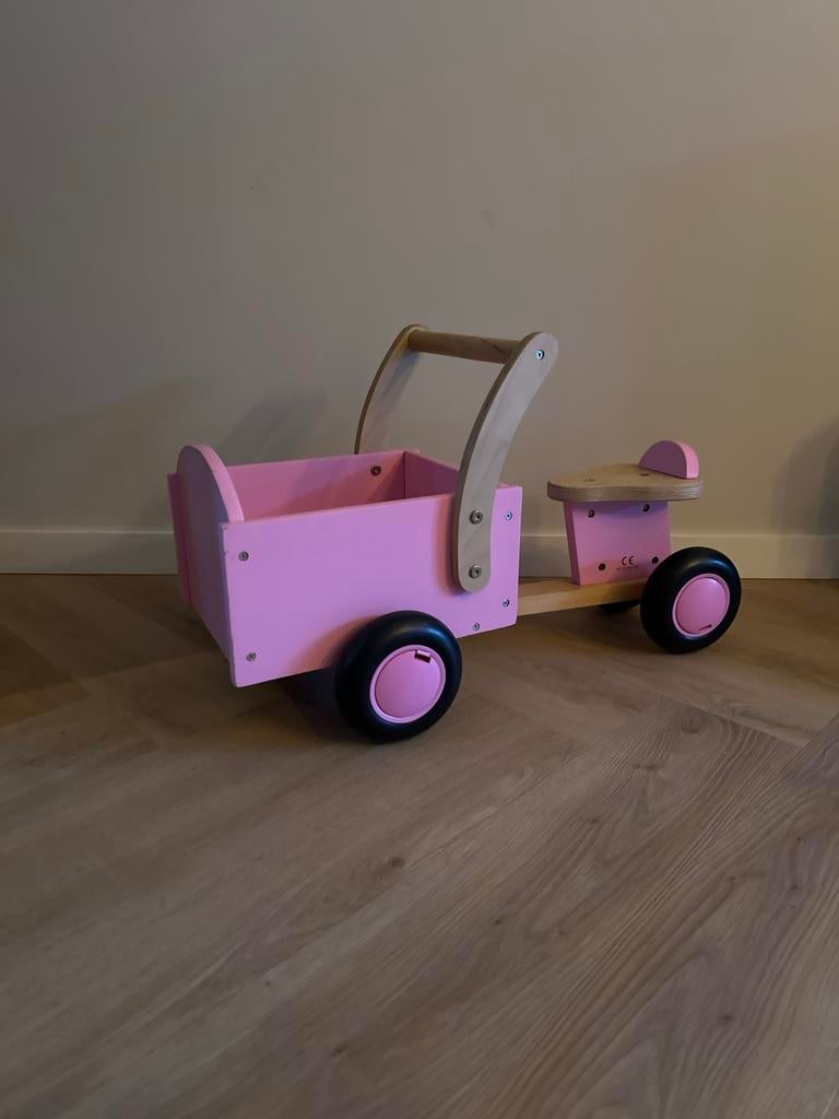 Houten bakfiets roze, Ophalen, Zo goed als nieuw, Loopvoertuig