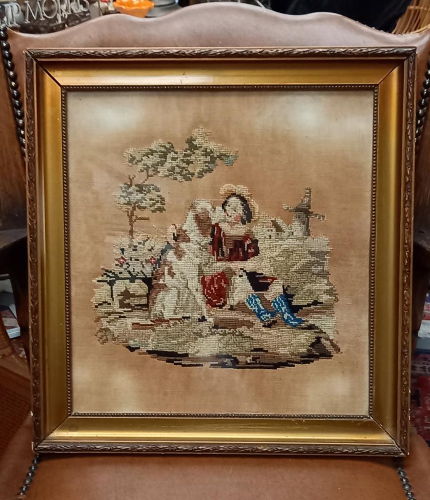 Oud, geborduurd schilderij, dame met hond, authentieke lijst, Ophalen