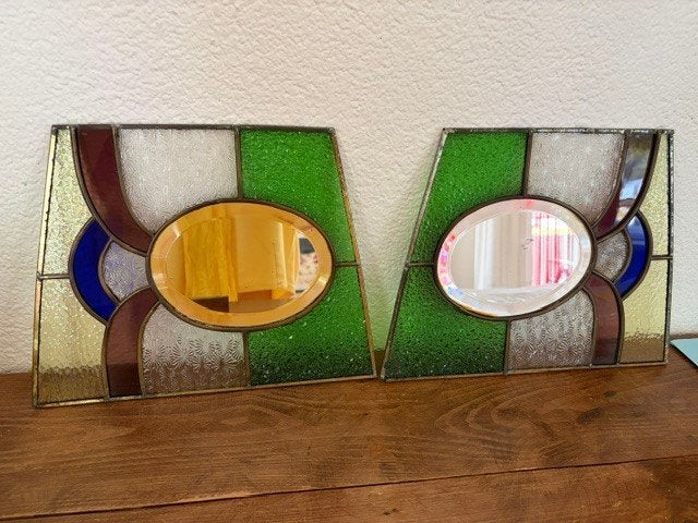 Oud glas in lood met spiegeltje, Ophalen of Verzenden