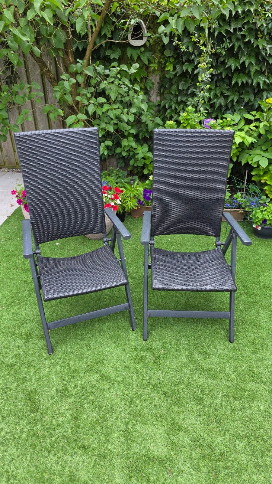 2 zwarte wicker tuinstoelen, Tuin en Terras, Ophalen, Gebruikt, Wicker