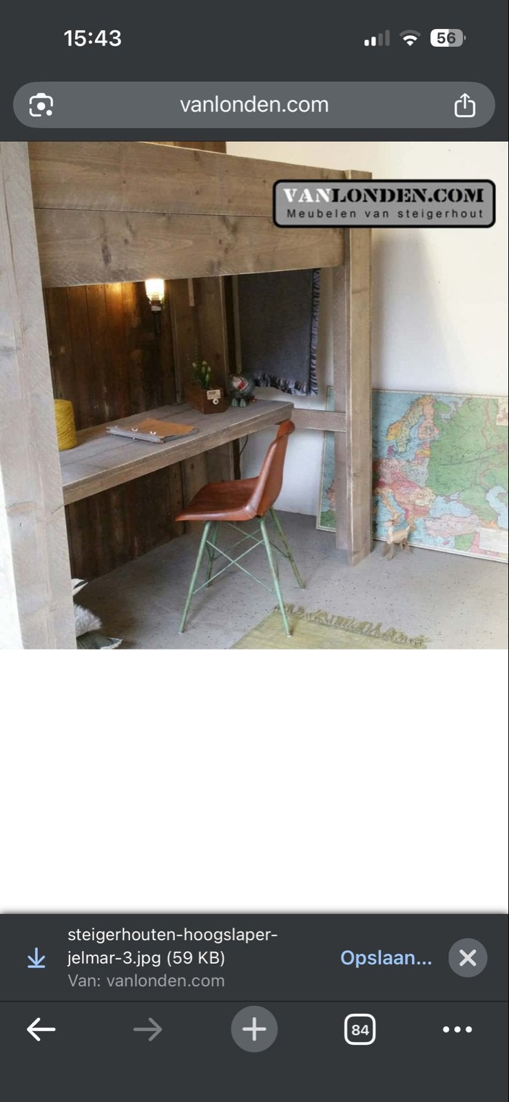 Steigerhouten Hoogslaper met Bureau, Ophalen, 100 cm, Hoogslaper, Eenpersoons