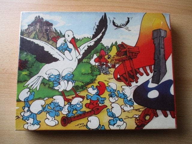 Smurfen puzzel  63 stukjes  BP  met ooievaar, Ophalen of Verzenden, 500 t/m 1500 stukjes, Gebruikt, Overige typen