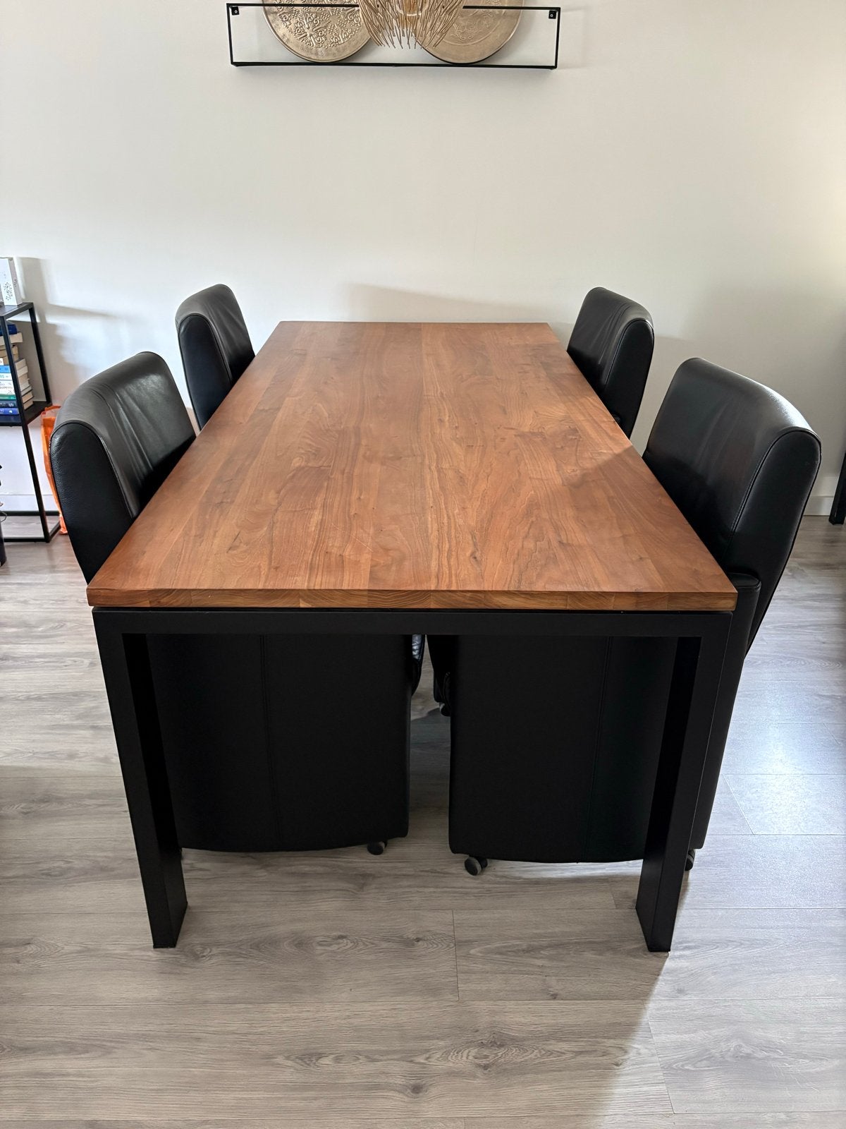 Stijlvolle eettafel met eiken blad en RVS onderstel, Ophalen, Gebruikt, Eikenhout, 50 tot 100 cm