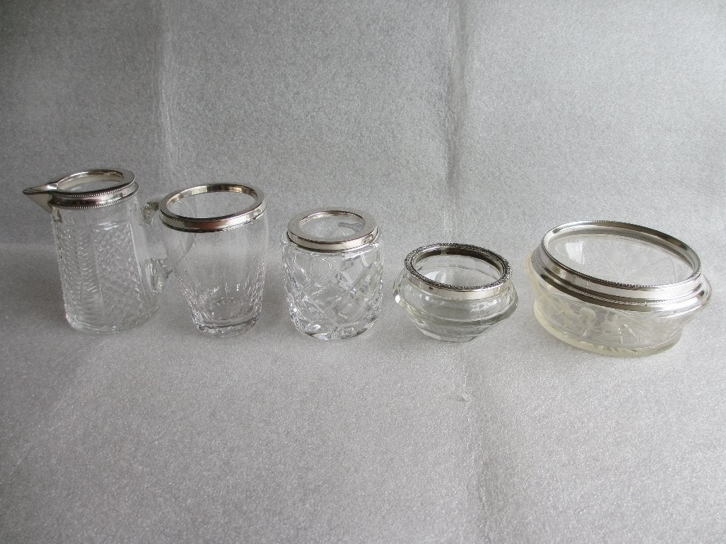 5 oud kristallen gebruiks voorwerpen met zilveren beslag, Antiek en Kunst, Ophalen of Verzenden, Zilver