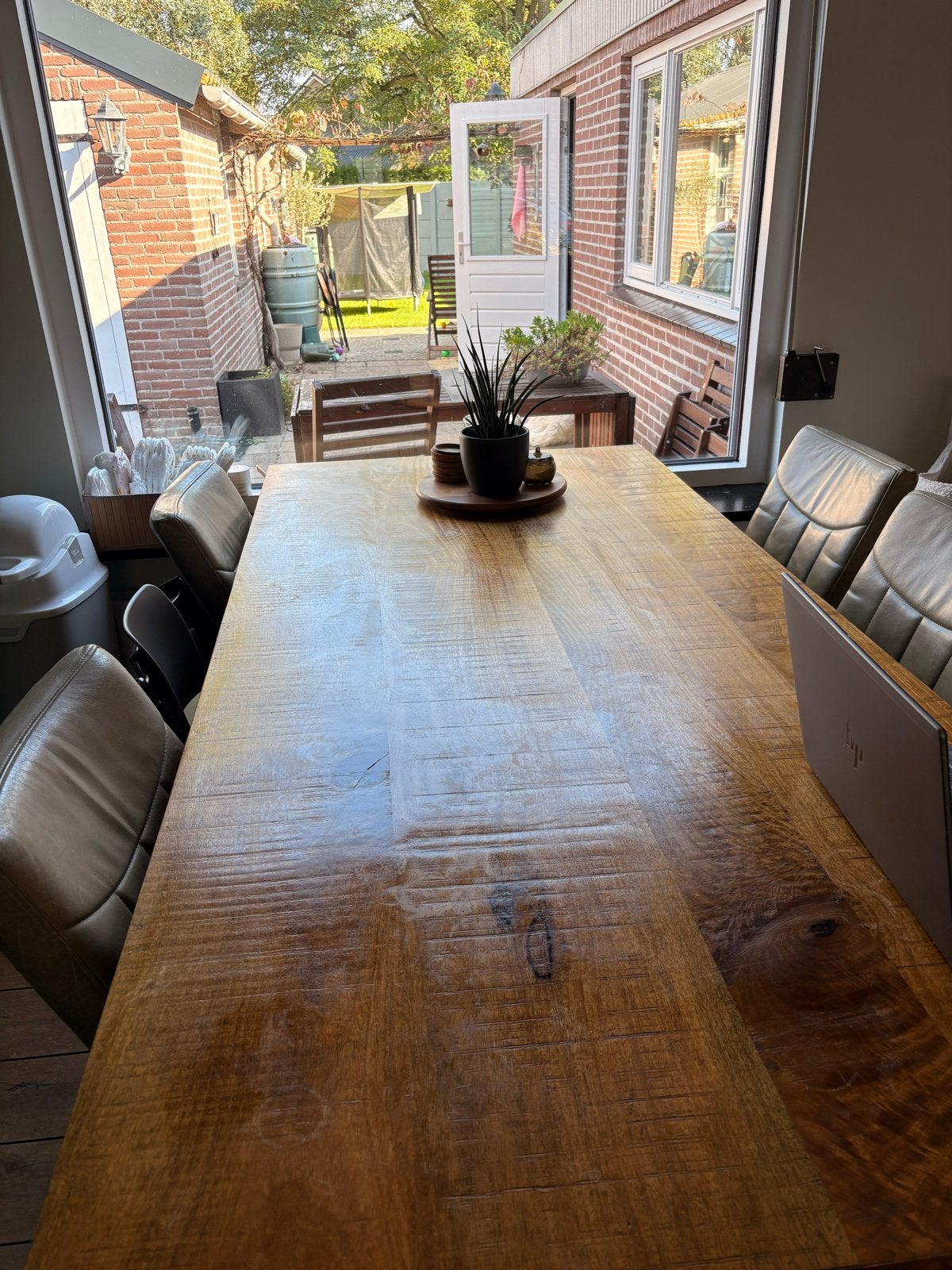 Robuuste eettafel met lederen stoelen, Ophalen, Gebruikt, 100 tot 150 cm, 200 cm of meer