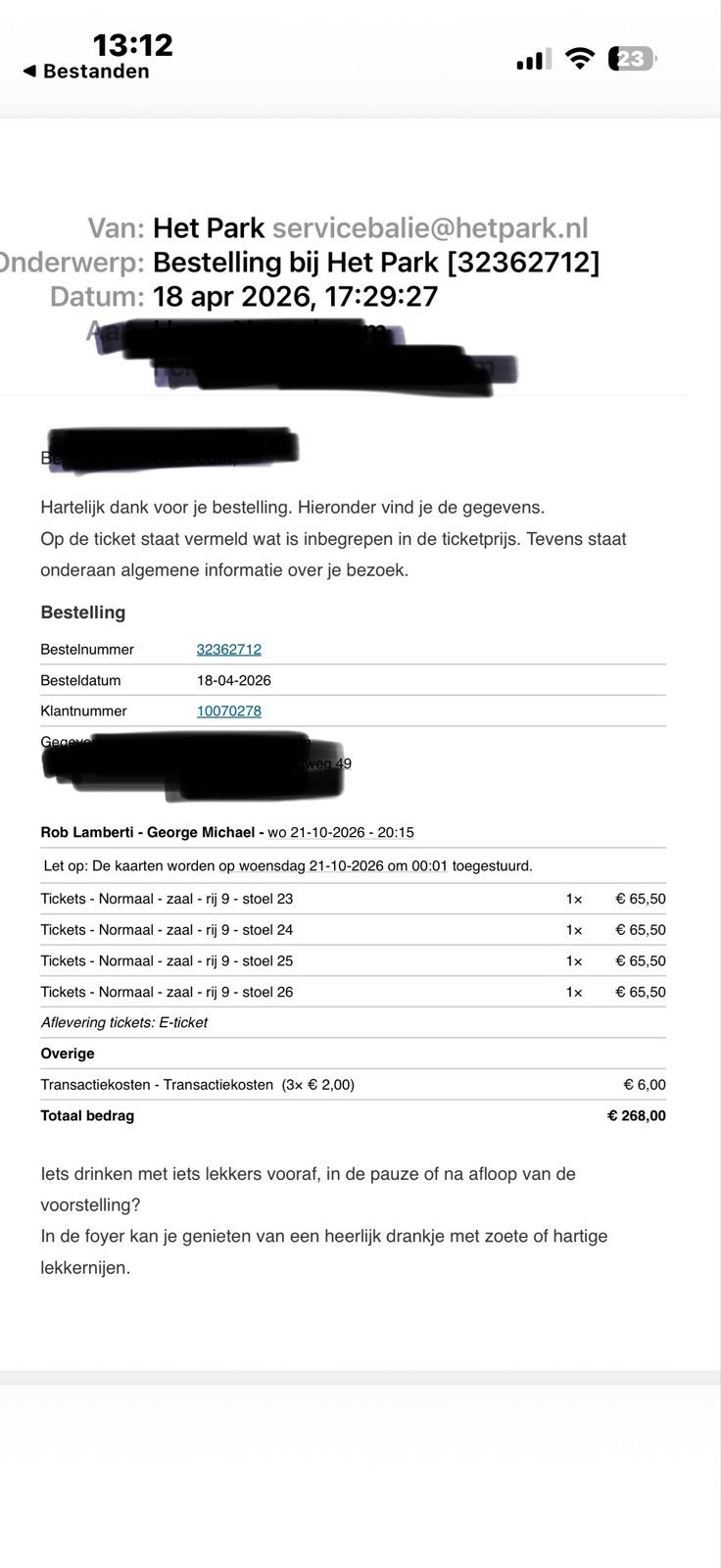 4 tickets Rob Lamberti-George Michael op 21 okt Hoorn, Tickets en Kaartjes, Concerten | Overige, Drie personen of meer, Oktober