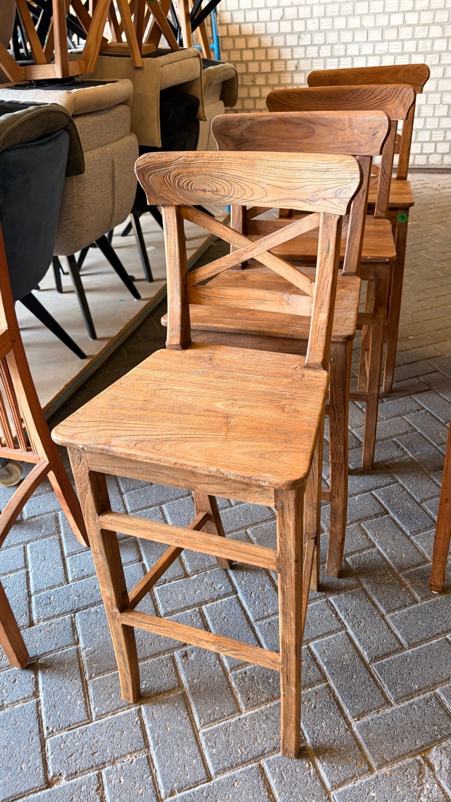 Set van 4 Teak Houten Barkrukken Mariotto - Opruiming, Ophalen, Met voetsteun, Nieuw, 90 cm of meer