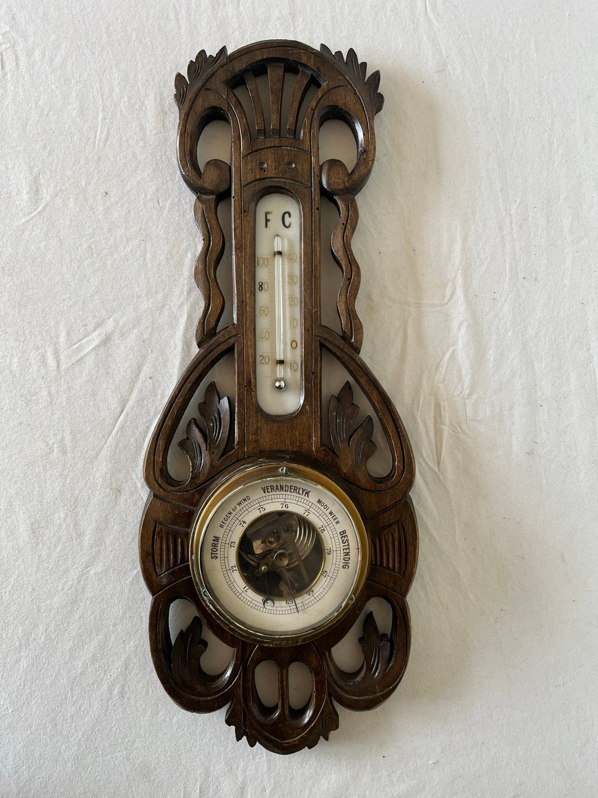 Antieke houten barometer met thermometer - 41 cm, Antiek en Kunst, Ophalen of Verzenden