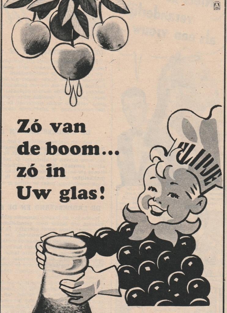 Retro reclame 1951 Betuwe Flipje Tiel zo van de boom af, Verzenden, Overige typen