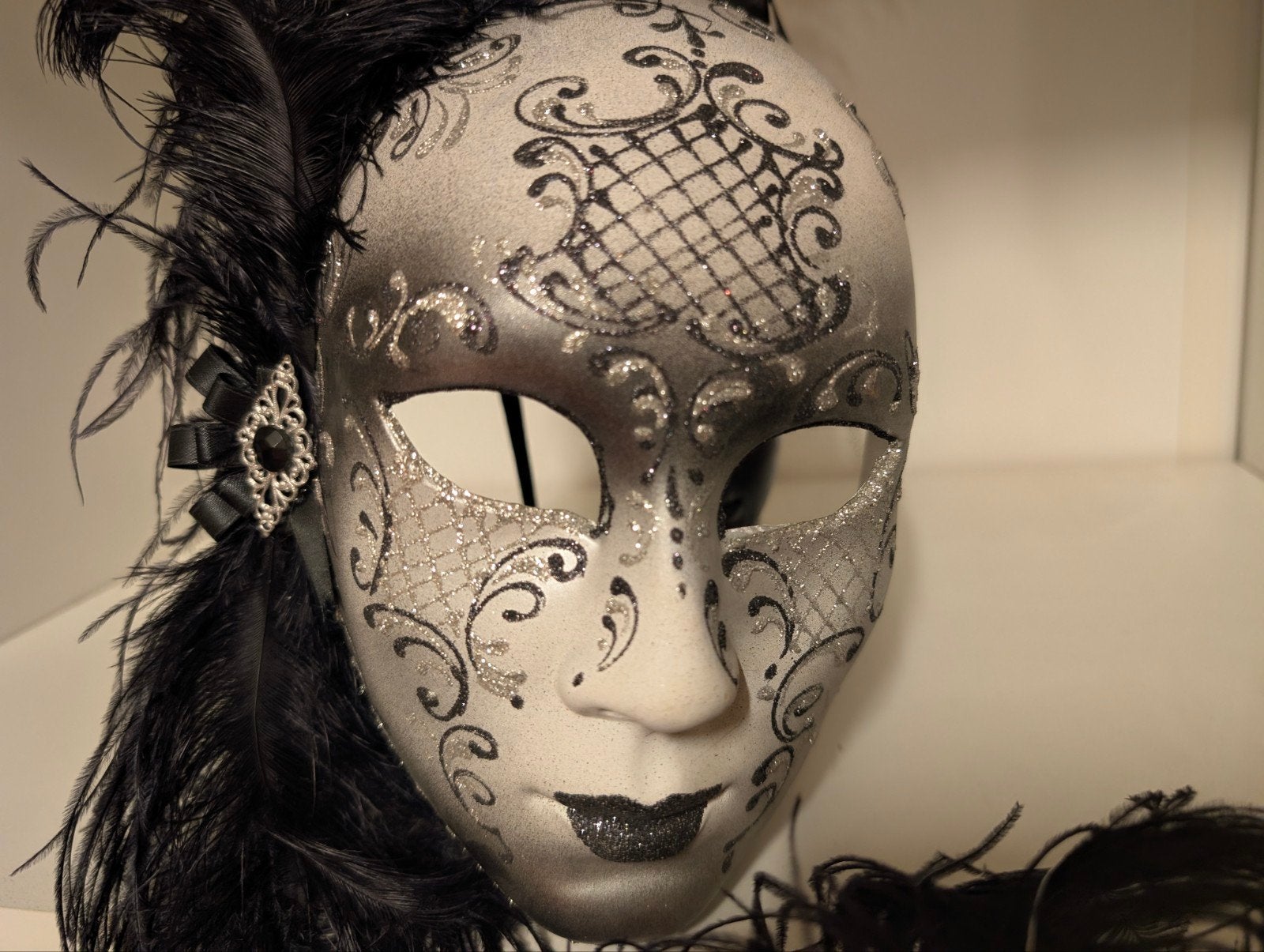 2 Handgemaakte Venetiaanse Maskers - Zwart/Zilver, Ophalen