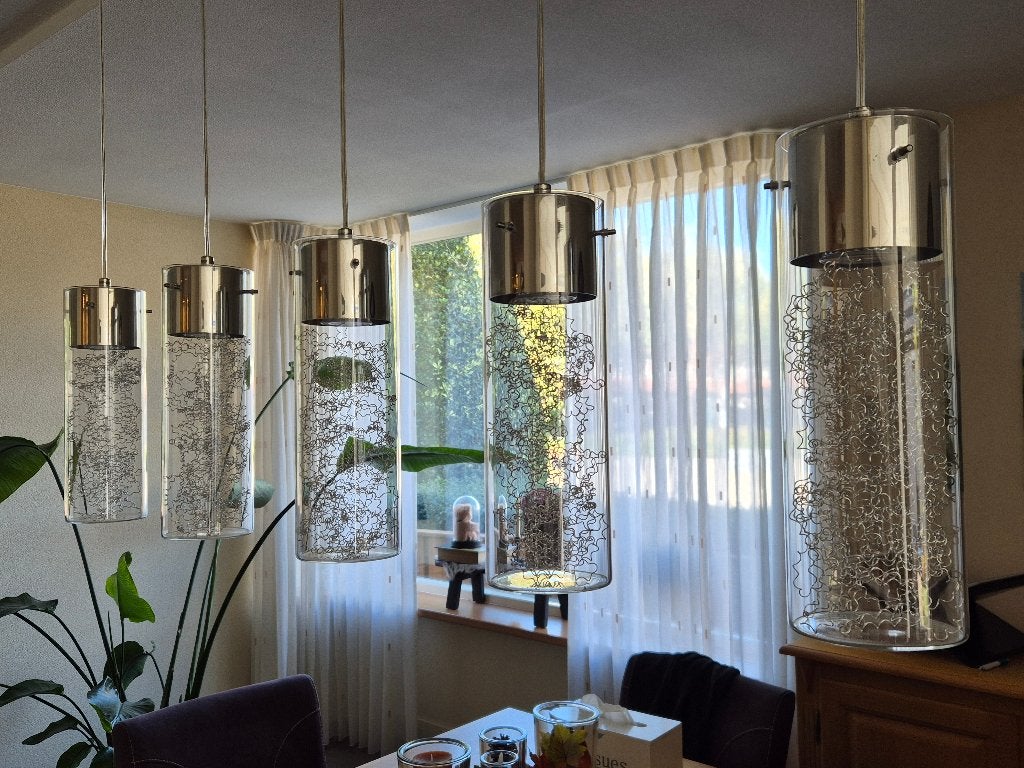 Moderne hanglamp met 5 glazen cilinders, Ophalen, Gebruikt, GU10, Glas