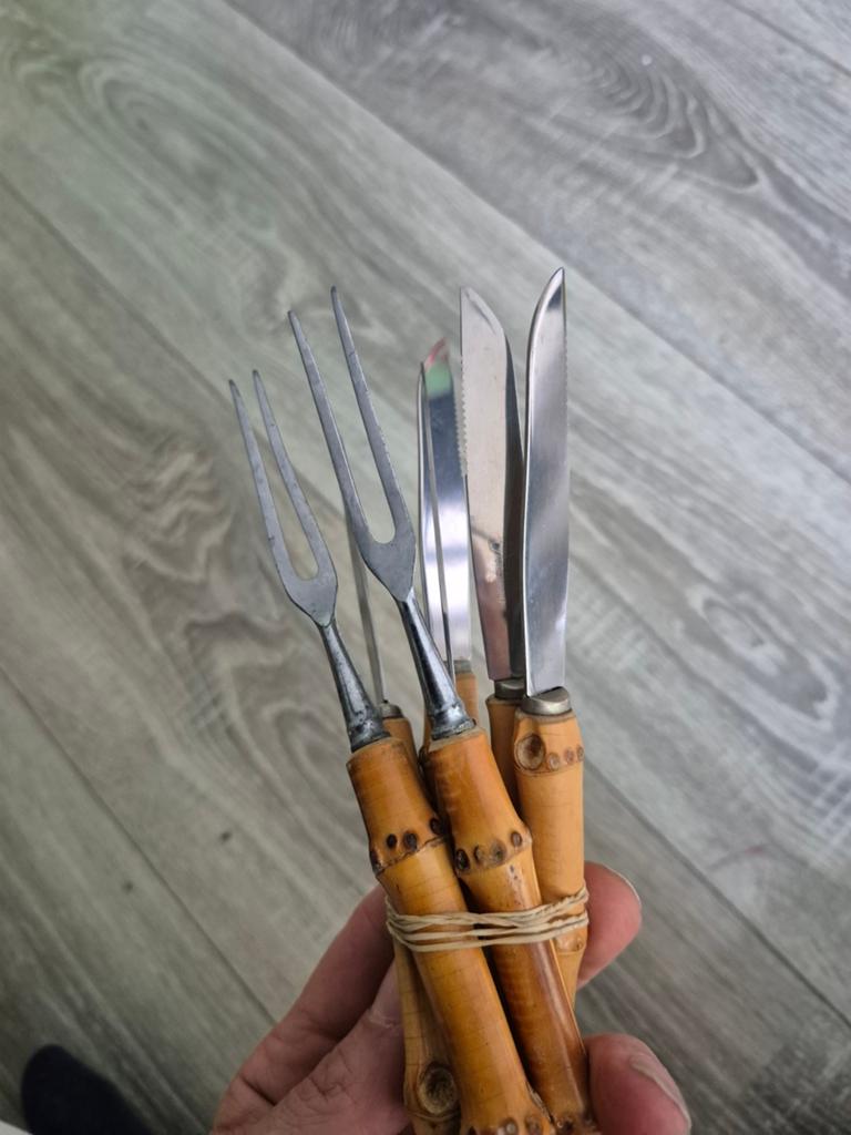 6x vorkjes 2x mesjes met bamboe handvat, Antiek en Kunst, Antiek | Bestek, Ophalen of Verzenden