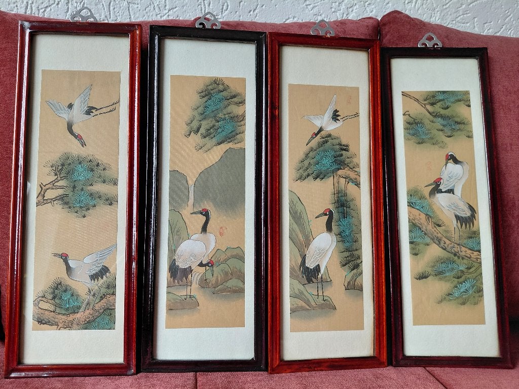 Set van 4 Chinese schilderijen met kraanvogels, Hout, Ophalen of Verzenden, Dieren, Achter glas