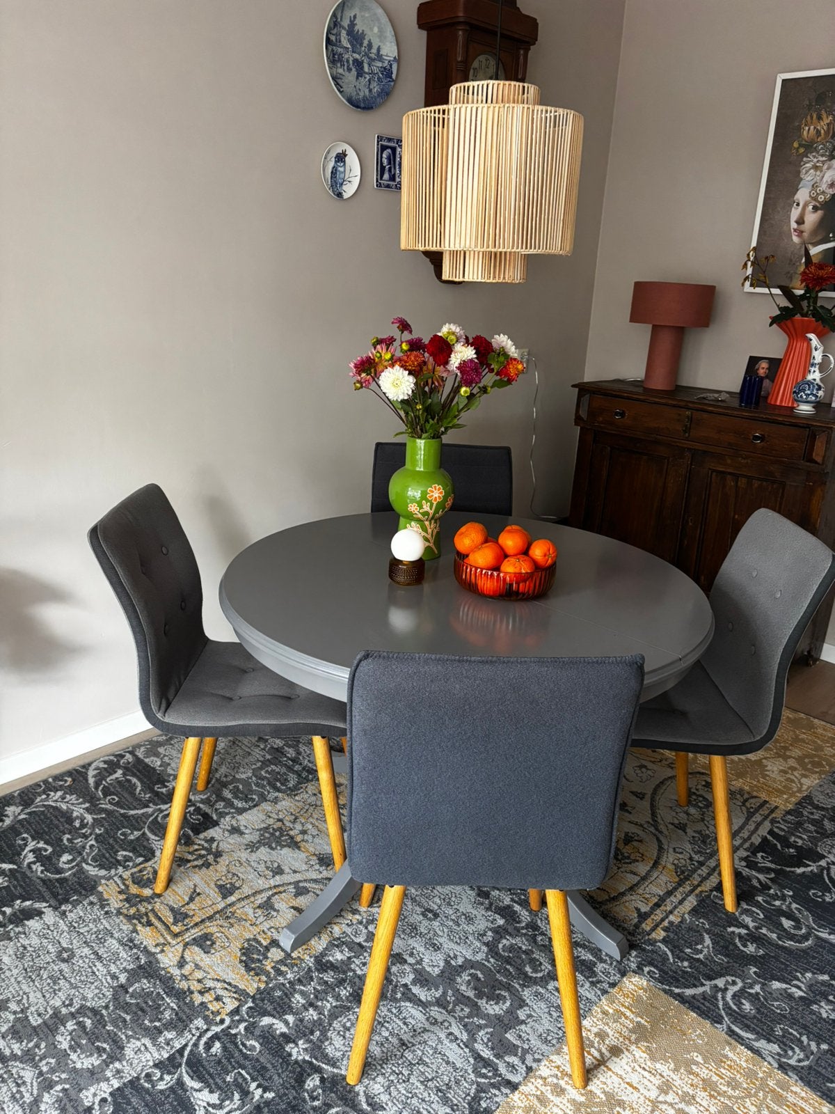 Eerkamerstoelen grijs / licht eiken, Ophalen, Gebruikt, Rechthoekig, 50 tot 100 cm