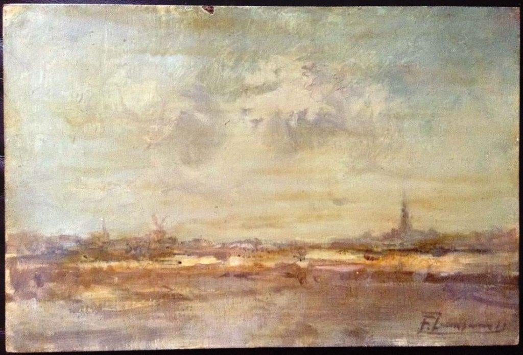 Olieverf op board - 1950 - Landschap met Molen en Kerk, Ophalen