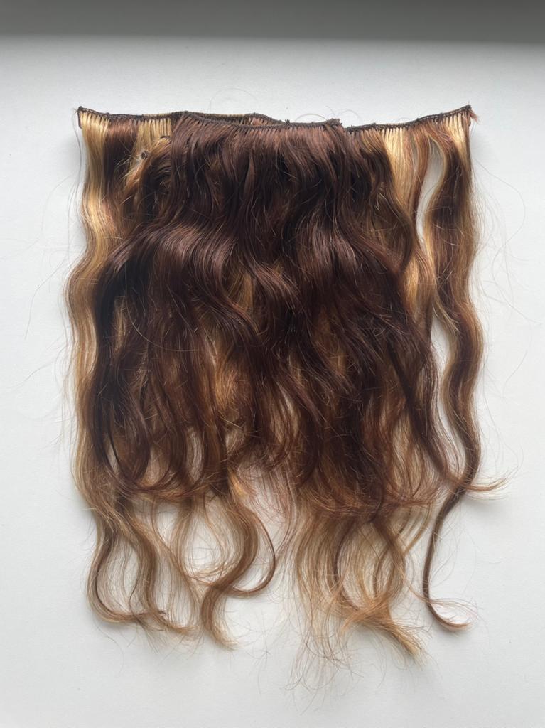 Remy Echt Haar Clip-In Extensions Bruin Blonde Highlights 35, Ophalen of Verzenden, Zo goed als nieuw, Pruik of Haarverlenging