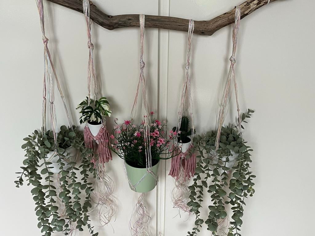 5 Schattige kunstplanten in roze hangers aan stoere tak, Ophalen, Binnen, Kunstplant, Nieuw