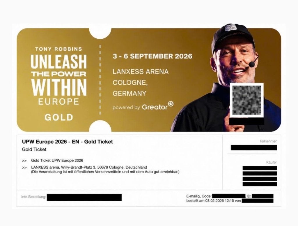 Tony Robbins UPW Europe 2026 – GOLD Ticket – SOLD OUT, Tickets en Kaartjes, Eén persoon, Meerdaags