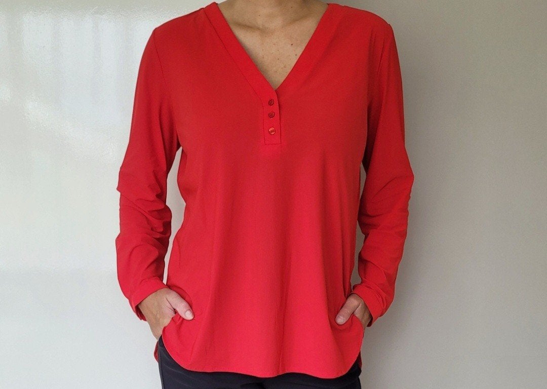 Studio Anneloes Evi blouse L Rood Travelstof overhemd top, Studio Anneloes, Verzenden, Maat 42/44 (L), Zo goed als nieuw