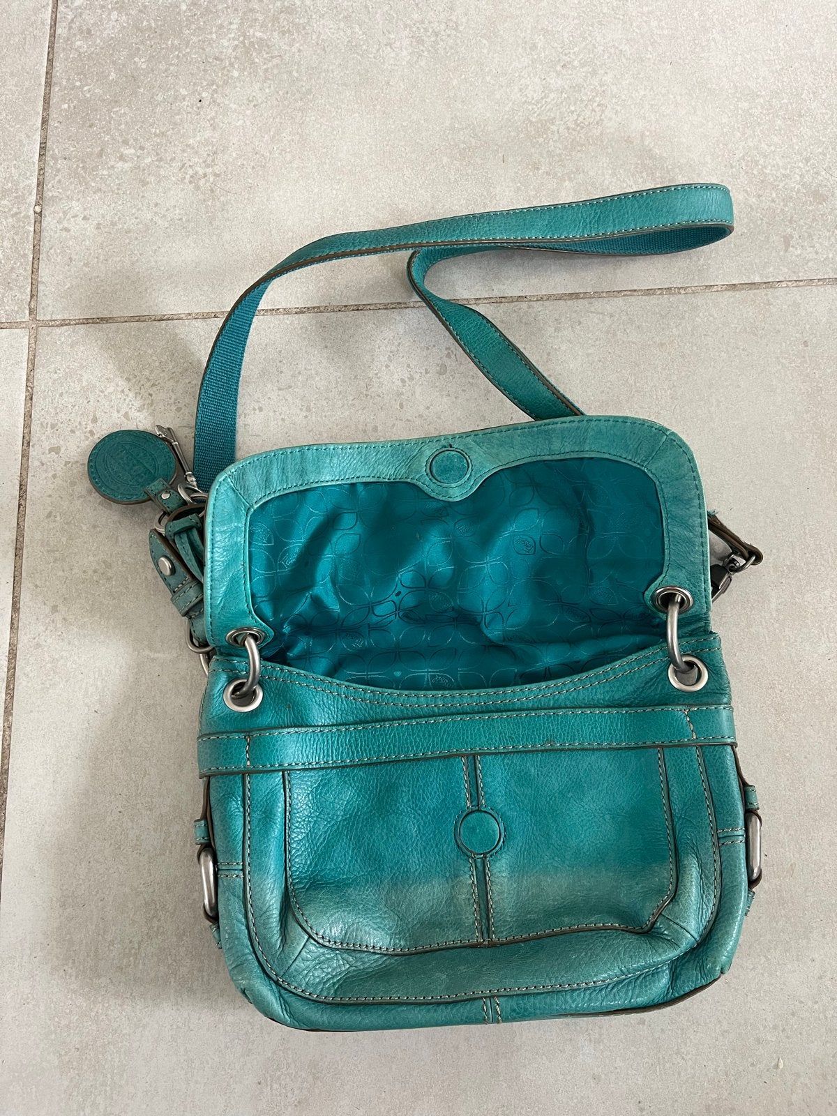 Fossil Leren Schoudertasje - Turquoise, Sieraden, Tassen en Uiterlijk, Tassen | Damestassen, Ophalen of Verzenden, Gebruikt, Overige kleuren