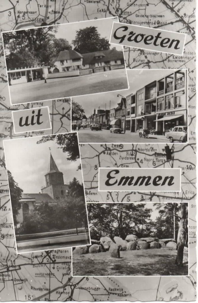 Ansichtkaart Emmen, 4-luik, dierenpark, kerk, hunebed, Ophalen of Verzenden, 1960 tot 1980, Gelopen, Drenthe