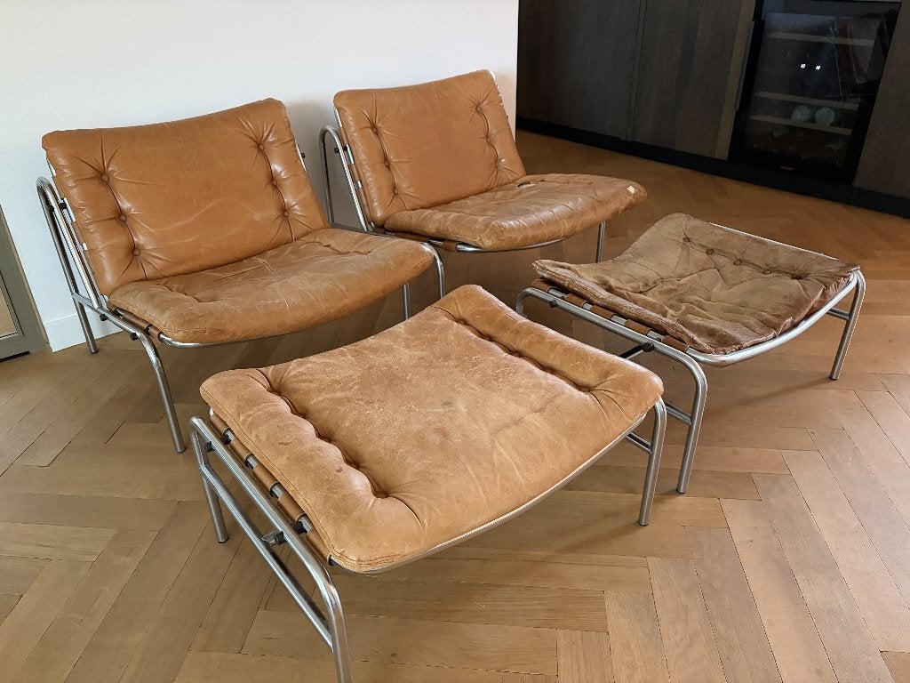Twee Martin Visser Osaka stoel fauteuil loungestoel ottoman, Gebruikt, 75 tot 100 cm, Ophalen of Verzenden, Design, Eames, Vitra, Martin Visser, Kees Braakman, Pastoe